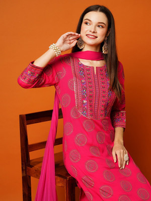 QUEENSFAB Floral Print Kurta, Trouser/Pant & Dupatta Set