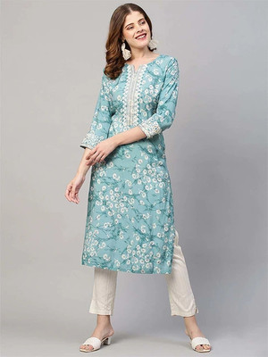 JHANJHRIYA FAB Women Embroidered Straight Kurta(Blue)