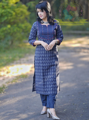 Nivi Women Striped A-line Kurta(Blue)