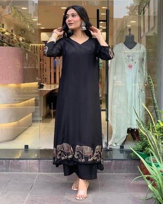 r n Women Animal Print Anarkali Kurta(Black)