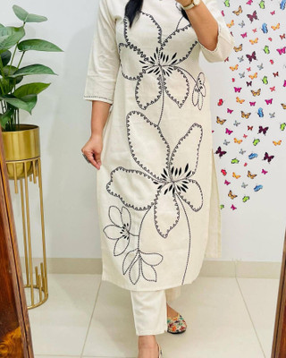 HouseOfCommon Women Embroidered A-line Kurta(White)