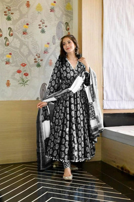 Meetara Creation Polka Print Anarkali Kurta, Bottom & Dupatta Set