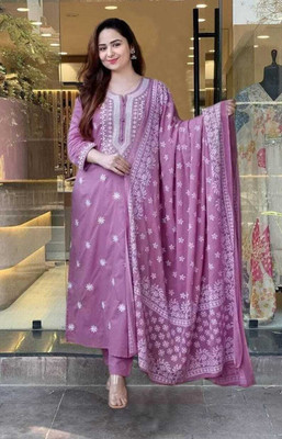 Aqmisha Printed, Embroidered Anarkali Kurta, Bottom & Dupatta Set