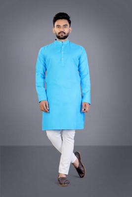 Rushva Men Solid Straight Kurta(Blue)