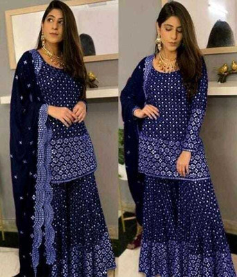 CLOTHLEMON Georgette Embroidered Kurta & Sharara Fabric