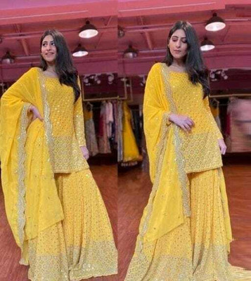 CLOTHLEMON Georgette Embroidered Kurta & Sharara Fabric