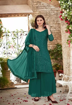 GLUSIC Georgette Embellished Kurta & Sharara Fabric