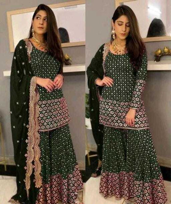 CLOTHLEMON Georgette Embroidered Kurta & Sharara Fabric