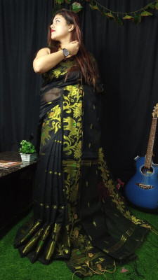 rinasareehouse Woven Handloom Cotton Blend Saree(Black)