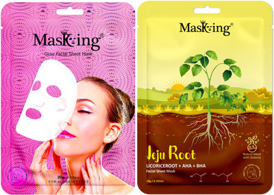 MasKing glow and Jeju Root Lico rice + AHA & BHA, Facial sheet mask combo gift set(40 ml)
