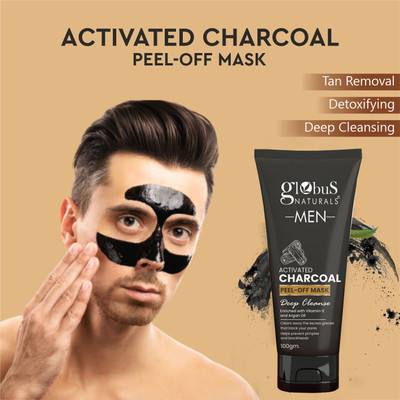 GLOBUS NATURALS Activated Charcoal Peel off Mask For Men Enriched With Vitamin-E, Aloevera, Turmeric, Saffron, Green Tea |Deep Cleansing Peel off Mask| Dead Cells removal Peel off Mask| Black heads removal Peel off Mask| Oil Control Peel off Mask|(100 g)