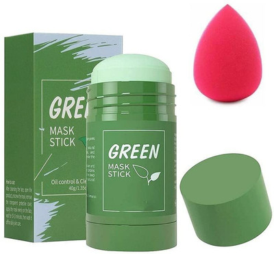 RNASUN Professional Combo Oil Control Anti-Acne Solid Fine Green Tea Purifying Clay Stick Mask, Portable Cleansing Mask With Makeup Blender(40 g)
