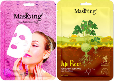 MasKing Jeju Root Kohlrabi + Kojic and Glow, Facial sheet mask combo gift set(40 ml)