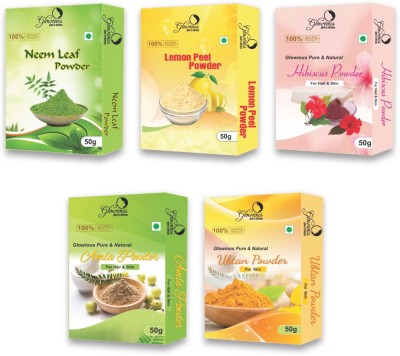 glowious Pack of 5 (Neem Leaf, Lemon Peel, Amla, Hibiscus & Ubtan Powder) 250gms(50gX5)(250 g)