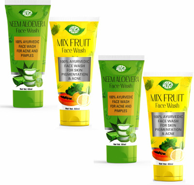 MEGHDOOT Neem Aloevera 60mlx2 & Mix Fruit  60mlx2 (Pack of 4) Face Wash(240 ml)