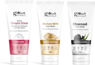 Globus Naturals Face Care Combo Glycolic, Charcoal & Multani Mitti Set of 3 Face Wash(225 g)