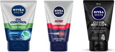NIVEA F.W. 100ml - Oil Control & Acne & Deep Impact (Pack of 3) Face Wash(300 ml)