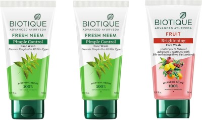 BIOTIQUE  150ml- Fresh Neem- 2pcs, Fruit  -1pcs (Pack of 3) Face Wash(450 ml)