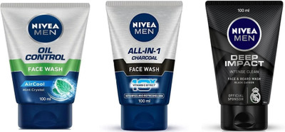 NIVEA F.W. 100ml - Oil Control & All-in-1 Charcoal & Deep Impact (Pack of 3) Face Wash(300 ml)