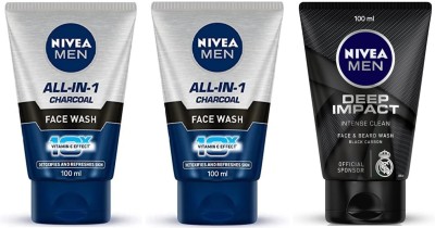 NIVEA F.W. 100ml - All-in-1 Charcoal - 2pcs & Deep Impact (Pack of 3 Face Wash(300 ml)