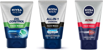 NIVEA F.W. 100ml - Oil Control & All-in-1 Charcoal & Acne (Pack of 3) Face Wash(300 ml)