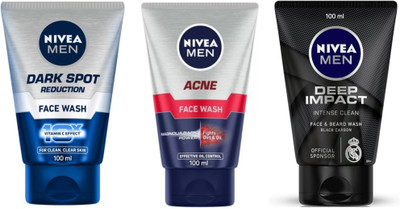 NIVEA F.W. 100ml - Dark Spot Reduction & Acne & Deep Impact (Pack of 3) Face Wash(300 ml)