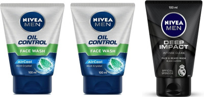 NIVEA F.W. 100ml - Oil Control - 2pcs & Deep Impact (Pack of 3) Face Wash(300 ml)