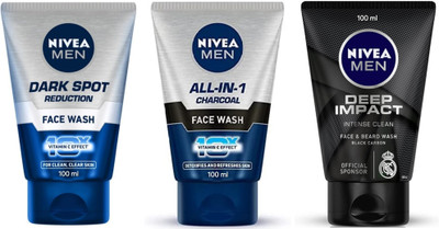 NIVEA F.W. 100ml - Dark Spot Reduction & All-in-1 Charcoal & Deep Impact (Pack of 3) Face Wash(300 ml)