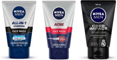 NIVEA F.W. 100ml - All-in-1 Charcoal & Acne & Deep Impact (Pack of 3) Face Wash(300 ml)