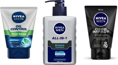 NIVEA F.W. - Oil Control -100ml & All-in-1 Oil Control -150ml & Deep Impact -100ml (Pack of 3) Face Wash(350 ml)