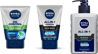 NIVEA F.W. - Oil Control -100ml & All-in-1 Charcoal -100ml & All-in-1 Oil control -150ml (Pack of 3) Face Wash(350 ml)