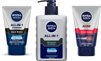 NIVEA F.W. - All-in-1 Charcoal -100ml & All-in-1 Oil Control -150ml & Acne -100ml (Pack of 3) Face Wash(350 ml)