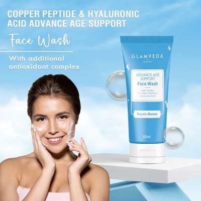 GLAMVEDA Copper Peptide & Hyaluronic Acid Advance Age Support face Wash | Anti Ageing & Firming | All Skin Types | Multi Peptide Complex & Centella Assiatica | Anti Wrinkle Formula For Glowing Skin | Face Wash(100 ml)