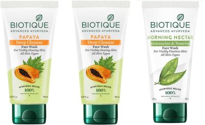 BIOTIQUE Papaya  150ML-2pcs, Morning Nectar  150ml-1pcs. Face Wash(450 ml)