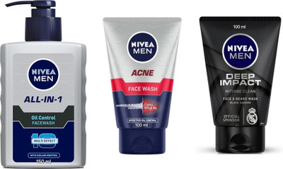 NIVEA All-in-1 Oil control -150ml & Acne -100ml & Deep Impact -100ml (Pack of 3) Face Wash(350 ml)