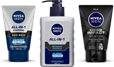 NIVEA F.W. - All-in-1 Charcoal -100ml & All-in-1 Oil Control -150ml & Deep Impact -100ml (Pack of 3) Face Wash(350 ml)