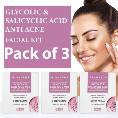 GLAMVEDA Glycolic & Salicylic Acid Anti Acne Facial Kit ( Pack Of 3 ) | 6 Steps(3 x 40 g)