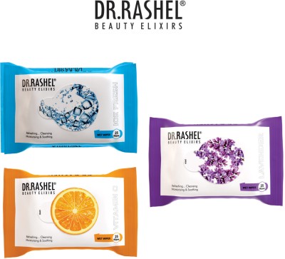 DR.RASHEL Face Wipes, Clear Dirt, Glowing Skin. Vitamin C, Ice Fresh, Lavender Pack of 3.(75 Tissues)