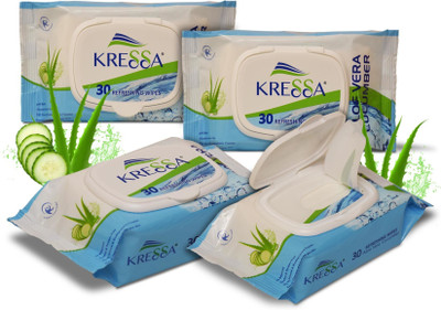 KRESSA Wet Wipes Aloe Vera Cucumber Pack Of 4 Total 120 Wipes PH Balanced(120 Tissues)