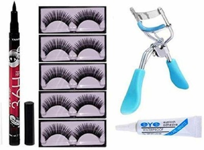 D-Top 5PCS Eyelashes, Eyelash Glue and Eyelash Curler With 36Hrs Waterproof Eyeliner(Pack of 1)