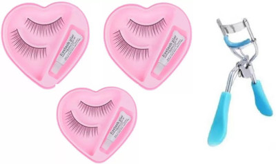 YELGO False eyelash with Glue[pack of 3] waterproof & Reusable and CURLER(Pack of 4)