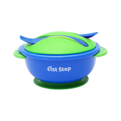 1st Step Baby Feeding Bowl with Lid, Suction Base, Spoon & Fork Cutlery Set  - Food Grade Plastic(Green)