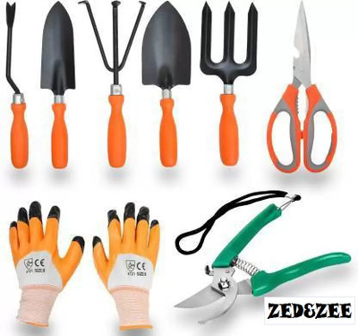 Zed&Zee Garden Tools of 8 Trowel Set of 5, Pruner, Multipurpose Scissor & Garden Gloves Garden Tool Kit(8 Tools)