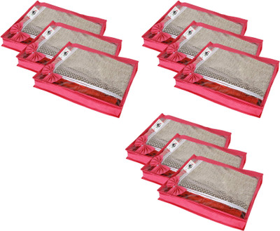 S4S High Quality 80 GSM Transparent Top Non Woven Single Saree Cover/Wardrobe Organizer/Storage Bag Pack of 9 (17X13X3 INCH)(Pink)