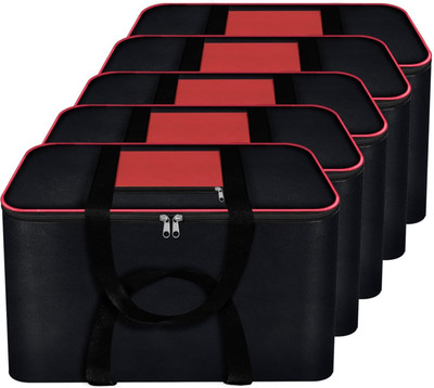 INFINITYCRAFTS Moisture Proof Non Woven Rectangular Big Underbed Clothes Storage Bag Organizer Foldable Blanket Cover with Zipper and Strong Handles Set of 5(Black, Red)