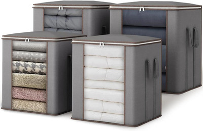 INFINITYCRAFTS Extra Large Blanket Storage Bags 90L Dustproof Transparent Window Pillow Sheet Foldable Clothes Storage Organizer Container Reinforced Handles Breathable For Double Bed Quilt/Saree Bag/Lehnga Storage & Wardrobe Organizing (Set of 4)(Grey)