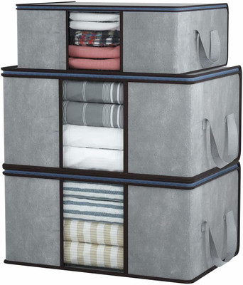 Cutbazz Blanket organizer for under storage with side handles Wardrobe Clothes covers , Cloth Storage Bags Closet Organizer and Storage Foldable Clothing Storage Bag for Clothes, Comforter, Underbed Storage Grey Pack Of 3(Grey)