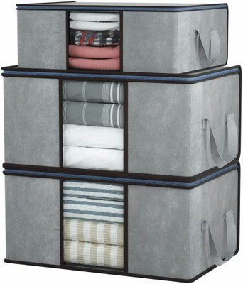Crownsy Non Woven Combo of 3 Underbed Storage Bag With Side Handles Storage Organizer, Blanket Storage Bag for Wardrobe Organizer Blanket Cover with a large Transparent Window(Grey)