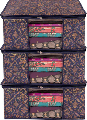Ankit International Saree Cover Premium-Quality Trendy For Wardrobe Organizer Garments Storage bags-Big in size Gold Printed Sakhiya kalash Pack of -3(Blue, Brown)