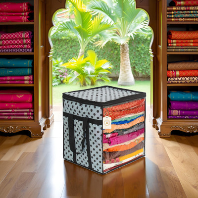 ANKIT INTERNATIONAL Polka Dot Non-Woven Saree Cover Organizer – 90 GSM Fabric, Transparent Front Window, Double Zipper & Sturdy Handles | Foldable Cloth Storage Box for Wardrobe (50L, Pack of 1) WB-PL-DLX-XXL-DOT-GREY-2271(White, Black)